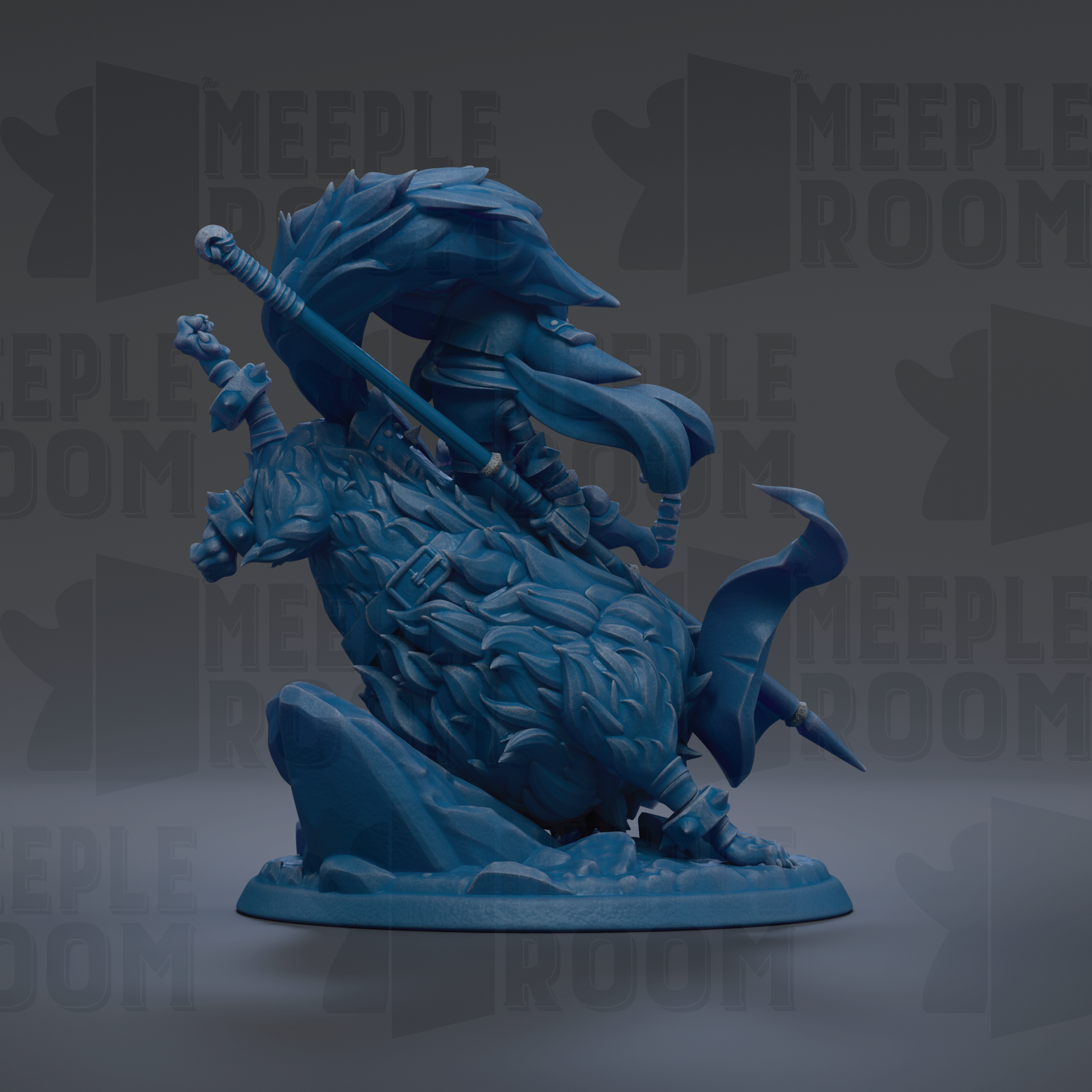 A blue figurine of a dragon-like creature with a long tail and sharp teeth, standing on a rock formation.