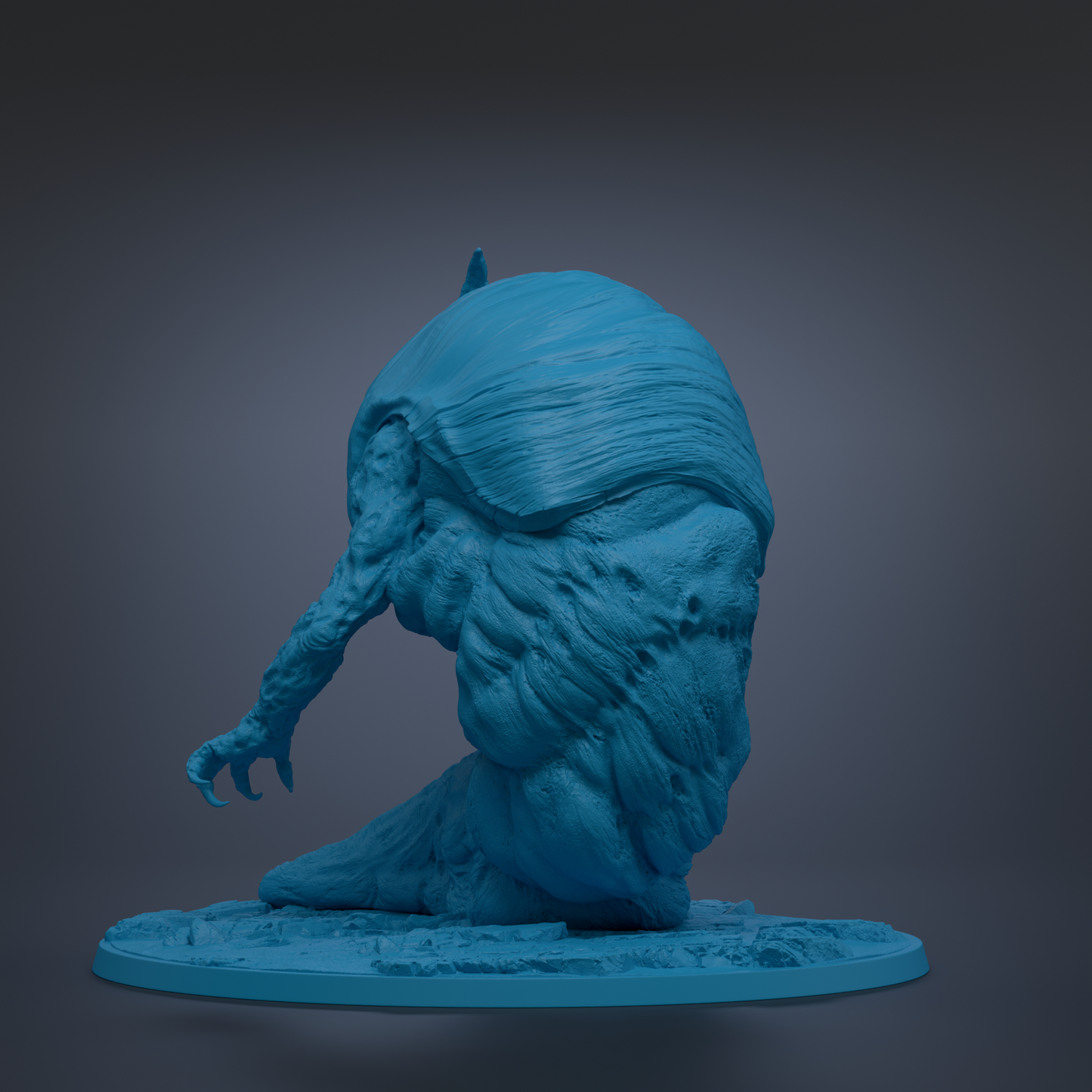 A blue, sculptural figure with a curled, textured body stands on a blue base against a dark background.