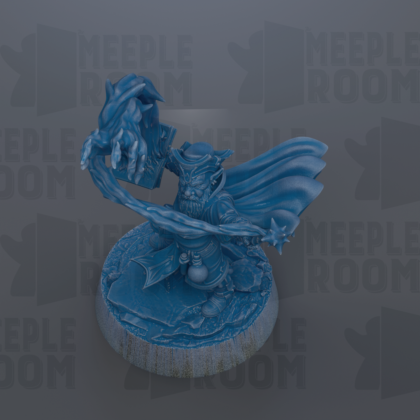 A blue figurine of a character with a long, flowing cape and a pointed hat, standing on a circular base.