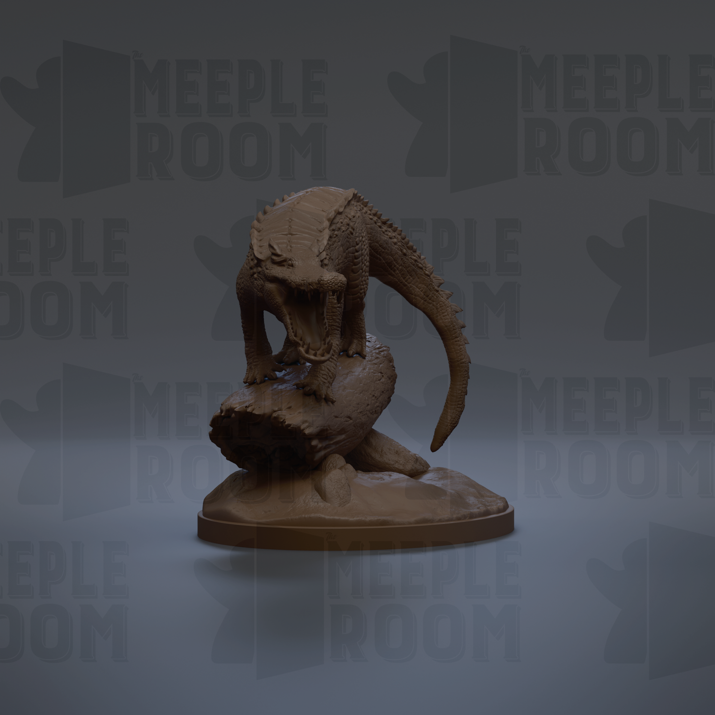 A 3D model of a dinosaur, possibly a T-Rex, is depicted in a dark environment with the text "MEIPLLE ROOM" repeated in the background.
