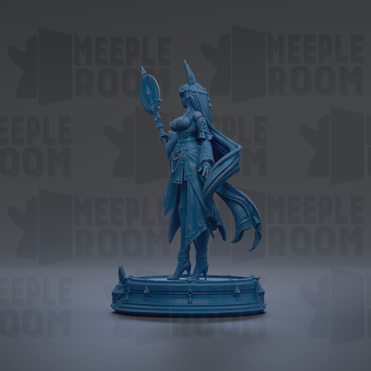 A blue figurine of a woman with a headdress and flowing hair stands on a platform against a dark background with repeated "MEIPLE ROOM" text.