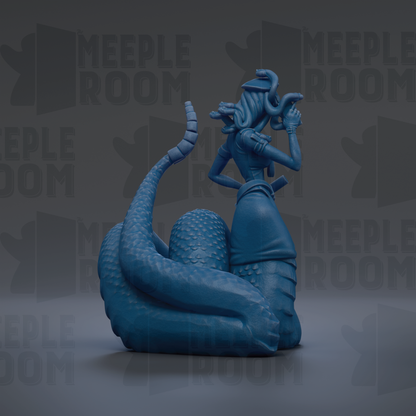 A blue, snake-like figurine with a human-like head and body is shown against a dark background with repeated text.