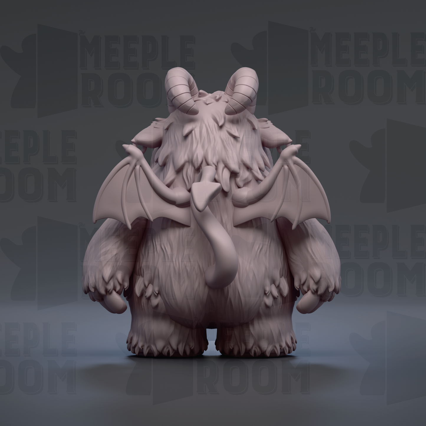 A 3D rendering of a furry, winged creature with horns, resembling a mythical or fantastical creature.