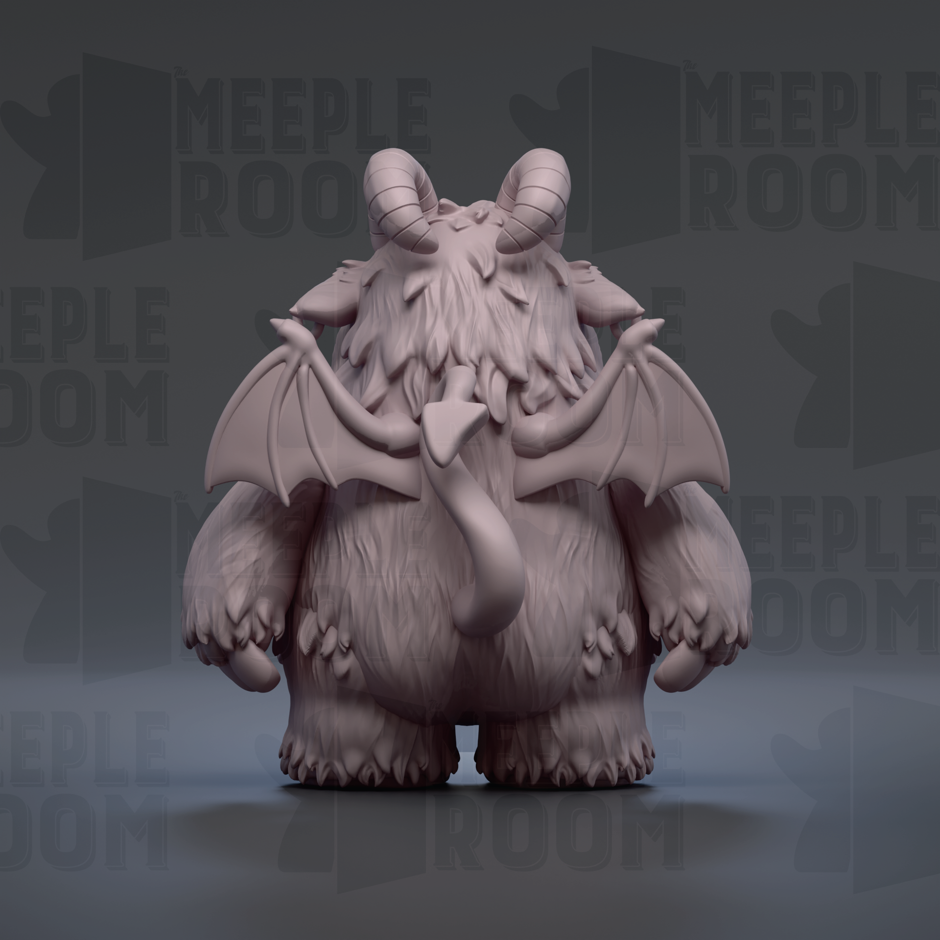 A 3D rendering of a furry, winged creature with horns, resembling a mythical or fantastical creature.
