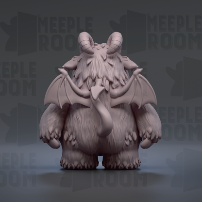 A 3D rendering of a furry, winged creature with horns, resembling a mythical or fantastical creature.