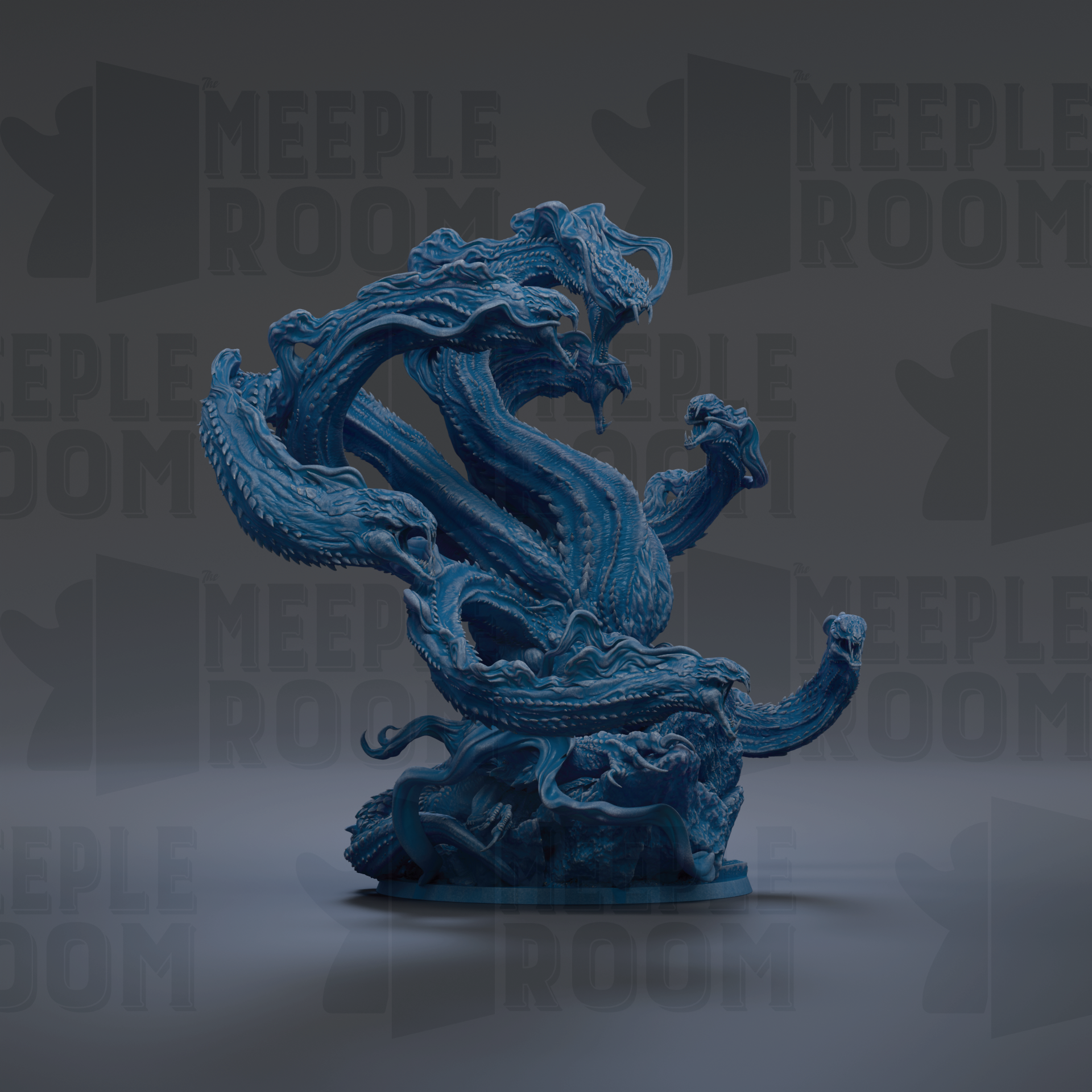 A large, intricate blue dragon sculpture with multiple heads and a long, winding body, set against a dark background with repeated text.