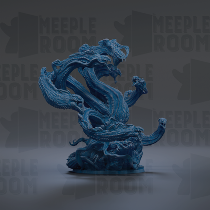 A large, intricate blue dragon sculpture with multiple heads and a long, winding body, set against a dark background with repeated text.