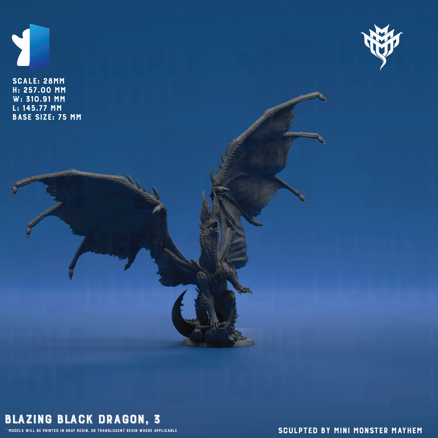Blazing Black Dragon by Mini Monster Mayhem | Miniature | TTRPG | Unpainted | Print on Demand