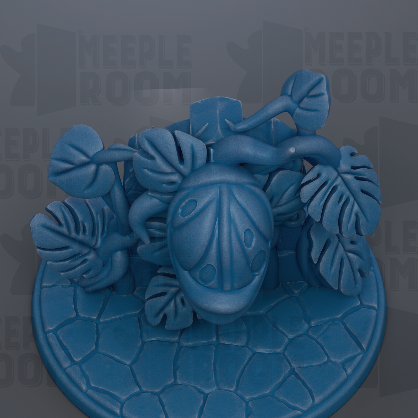 A blue ceramic sculpture of a leafy plant with a butterfly-like figure in the center, set against a gray background with the text "MEIPL[E ROOM]" repeated multiple times.