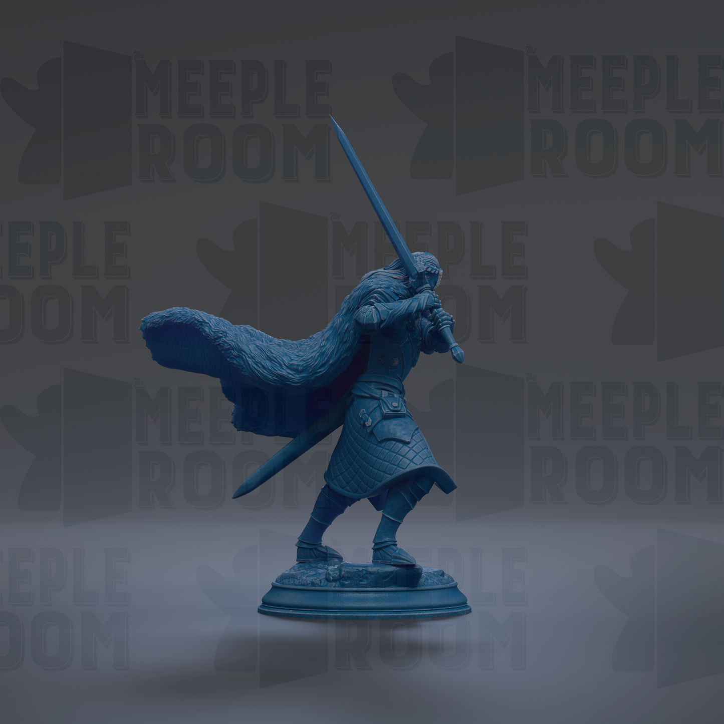A blue figurine of a warrior standing on a pedestal, holding a sword and wearing a cape.