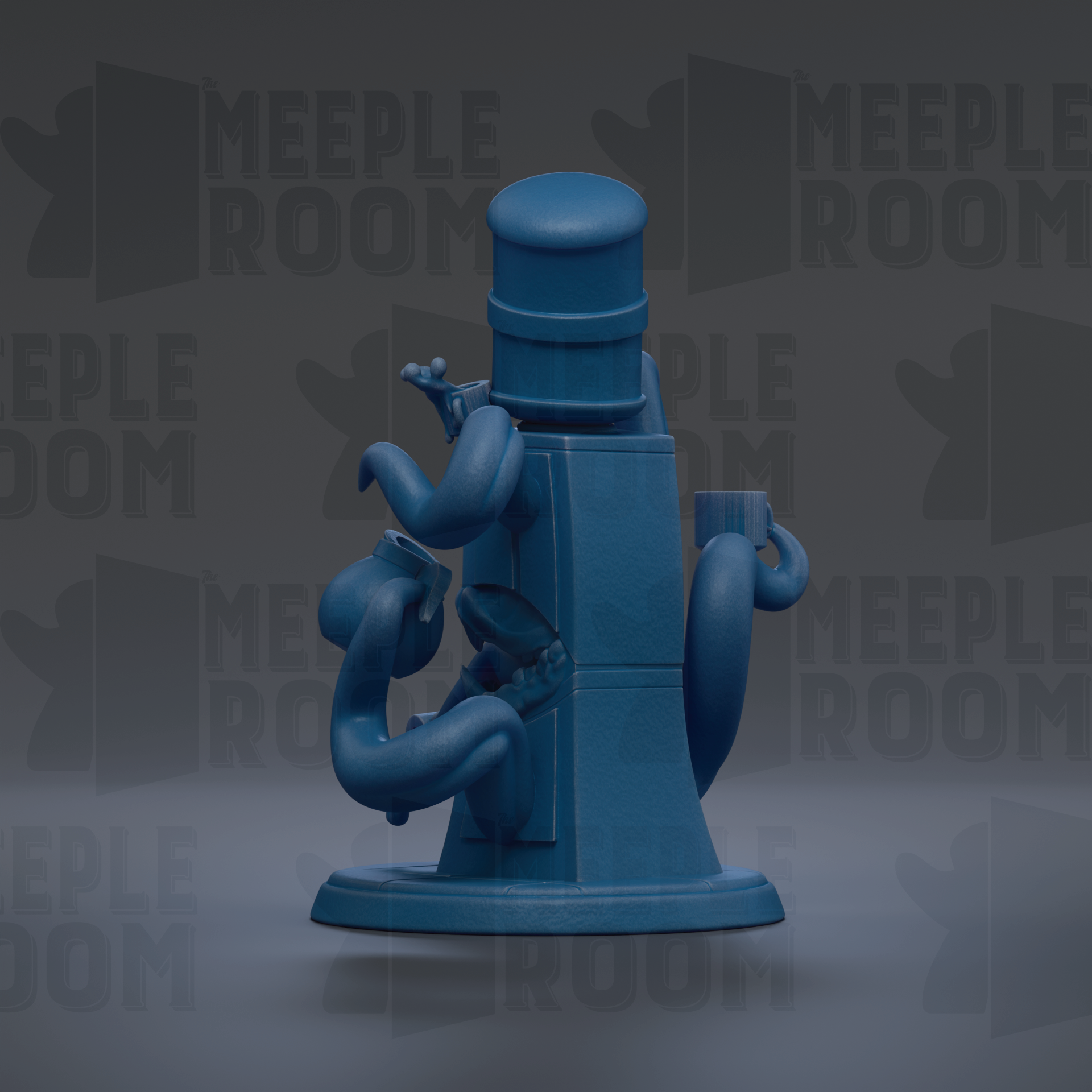 A blue, abstract sculpture with a unique, organic shape and a textured surface.