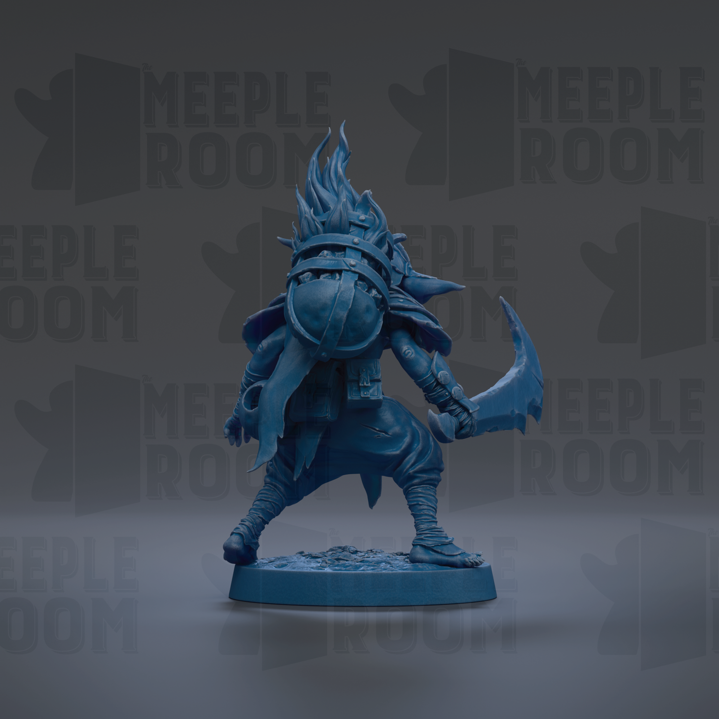 A blue figurine of a warrior-like character with a sword and shield, standing on a base and facing away from the camera.
