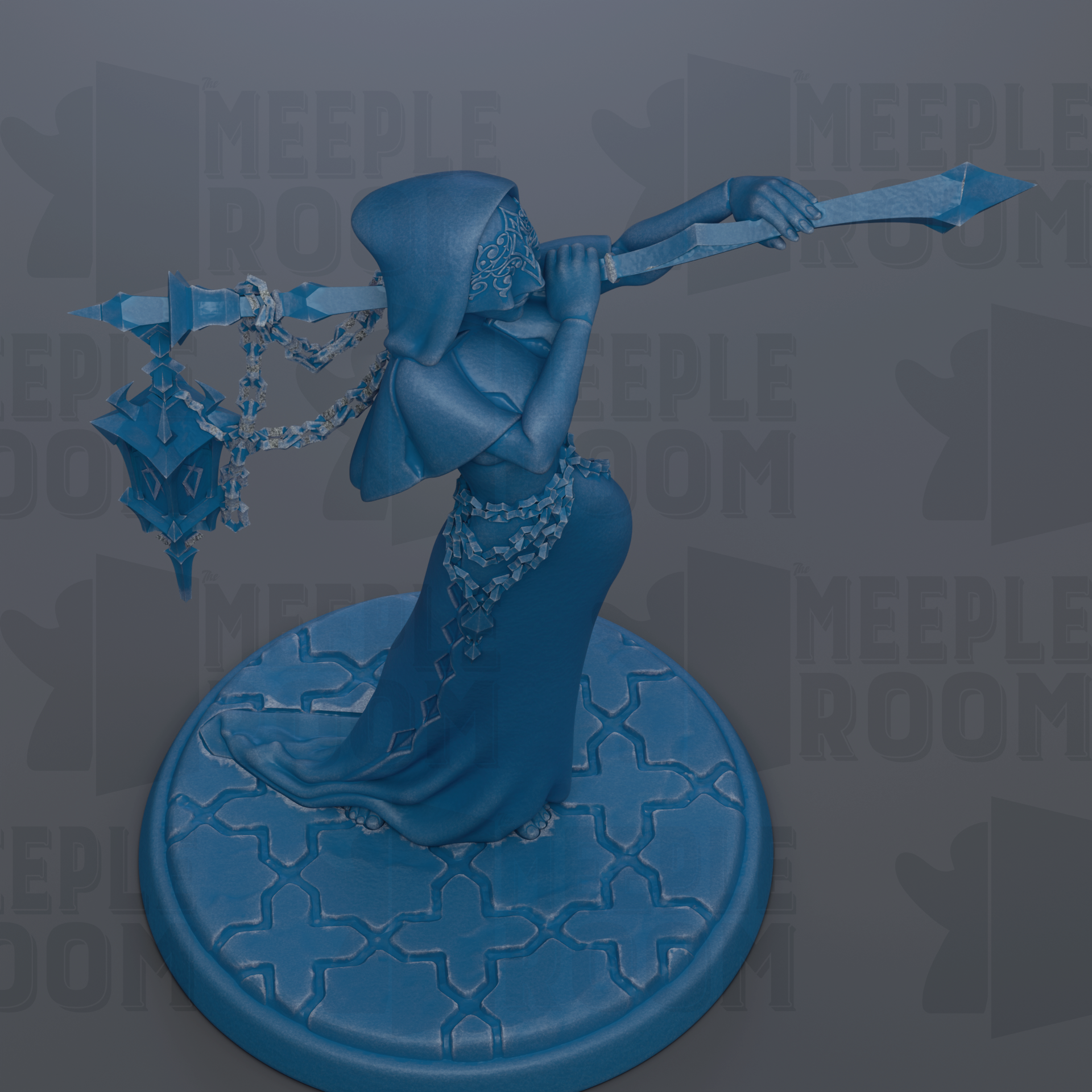 A blue statue of a woman holding a sword and shield, standing on a blue platform with a geometric pattern.