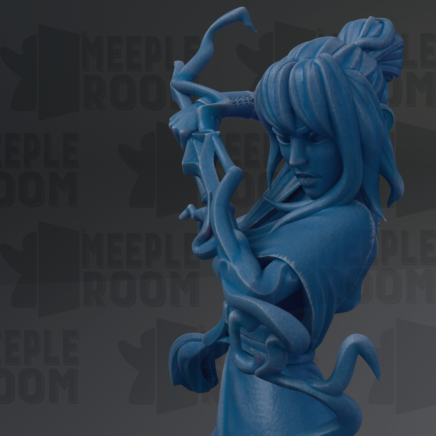 A blue, 3D-rendered statue of a woman with long hair and a serious expression, holding a weapon.