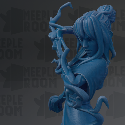 A blue, 3D-rendered statue of a woman with long hair and a serious expression, holding a weapon.