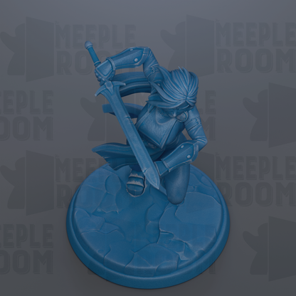 A blue figurine of a person holding a sword, standing on a blue base.