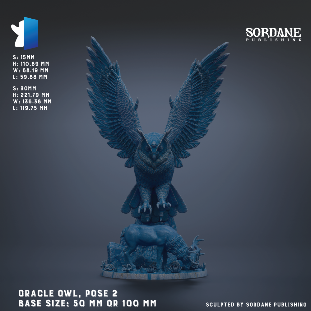 The image is a 3D rendering of an Oracle Owl statue, which is a figurine of a bird-like creature with wings and talons. The statue is posed on a base that is either 50 millimeters or 100 millimeters in diameter. The image is published by Sordane Publishing.