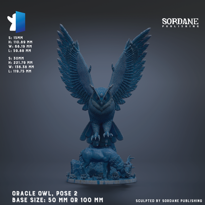 The image is a 3D rendering of an Oracle Owl statue, which is a figurine of a bird-like creature with wings and talons. The statue is posed on a base that is either 50 millimeters or 100 millimeters in diameter. The image is published by Sordane Publishing.