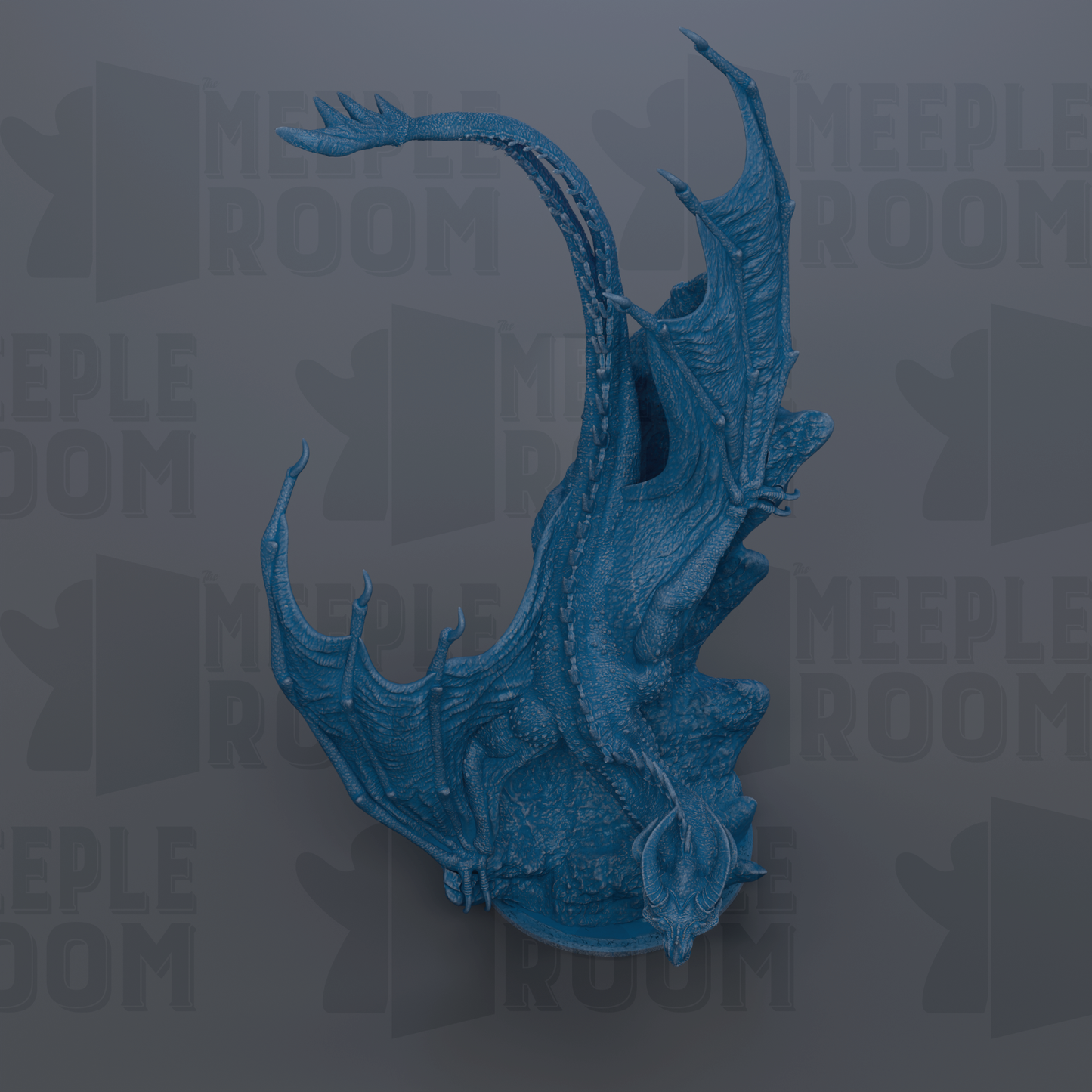 A blue dragon-like creature with wings and sharp teeth is prominently featured against a dark background with repeated text.