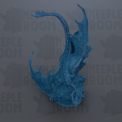 A blue dragon-like creature with wings and sharp teeth is prominently featured against a dark background with repeated text.