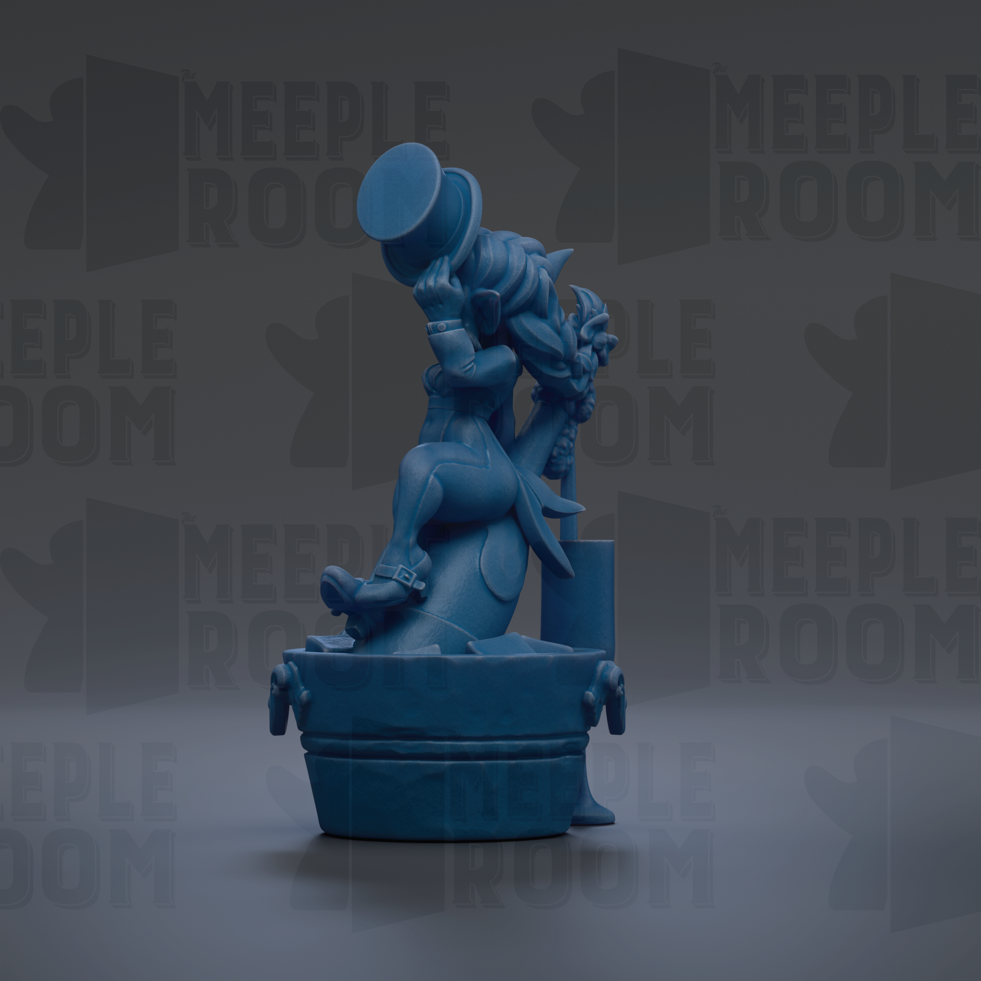 A blue statue of a person sitting on a pedestal, with the word "MEIPLLE ROOM" repeated in the background.