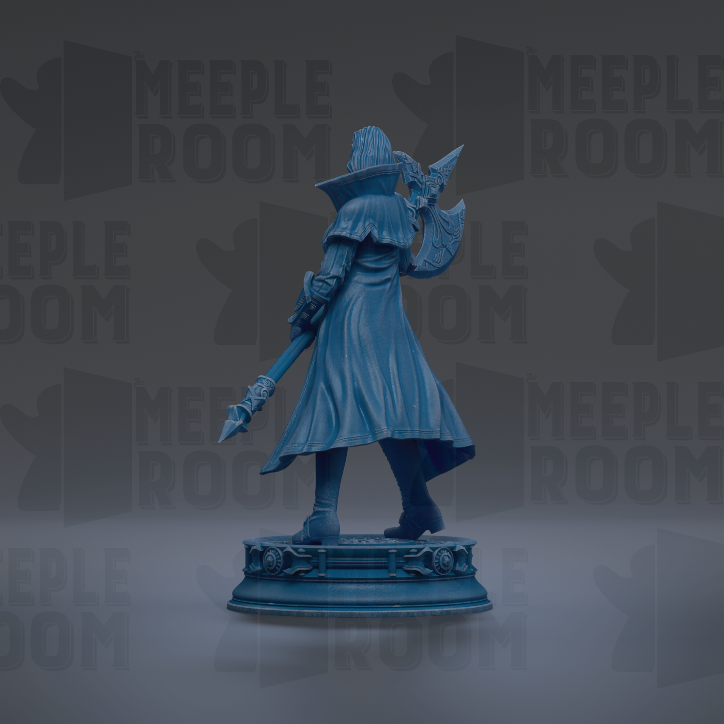 A statue of a person holding a weapon and wearing a cape, standing on a pedestal against a dark background with repeated text.
