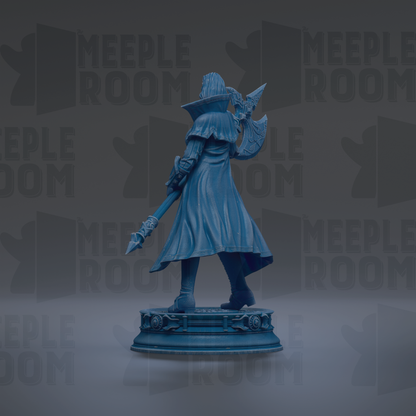 A statue of a person holding a weapon and wearing a cape, standing on a pedestal against a dark background with repeated text.