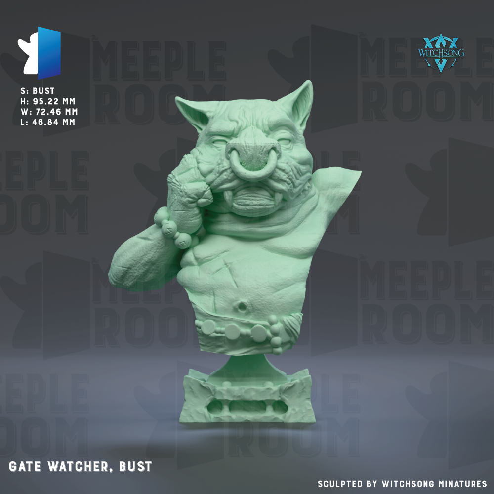 The image is a bust sculpture of a green monster with horns and a large nose, named Gate Watcher, Bust.