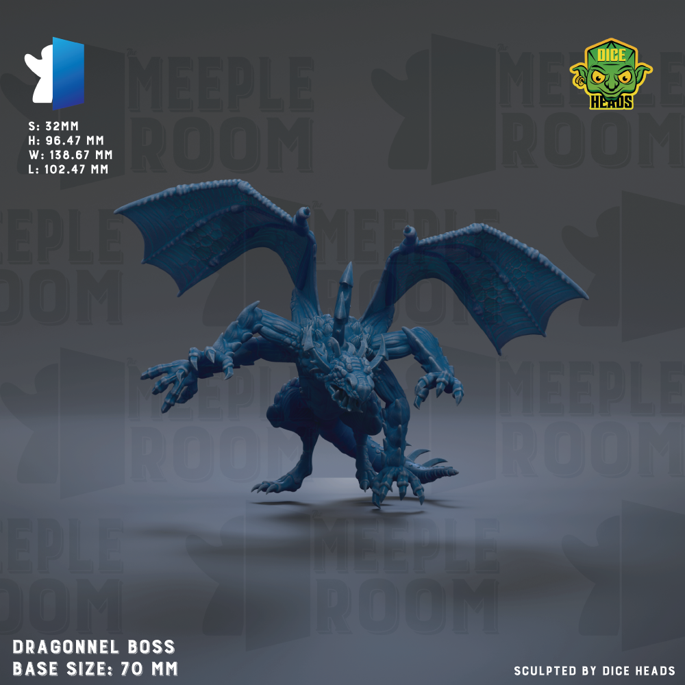 The image is a 3D rendering of a blue dragon-like creature with wings and sharp teeth, depicted in a dynamic pose. The creature appears to be a base model for a larger, fully-realistic dragon-like character. The image is described as a "base size: 70 mm" and is "sculpted by dice heads".
