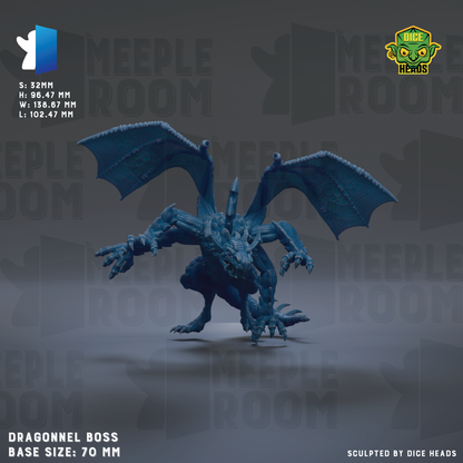 The image is a 3D rendering of a blue dragon-like creature with wings and sharp teeth, depicted in a dynamic pose. The creature appears to be a base model for a larger, fully-realistic dragon-like character. The image is described as a "base size: 70 mm" and is "sculpted by dice heads".