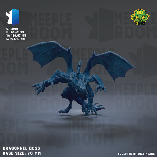 The image is a 3D rendering of a blue dragon-like creature with wings and sharp teeth, depicted in a dynamic pose. The creature appears to be a base model for a larger, fully-realistic dragon-like character. The image is described as a "base size: 70 mm" and is "sculpted by dice heads".