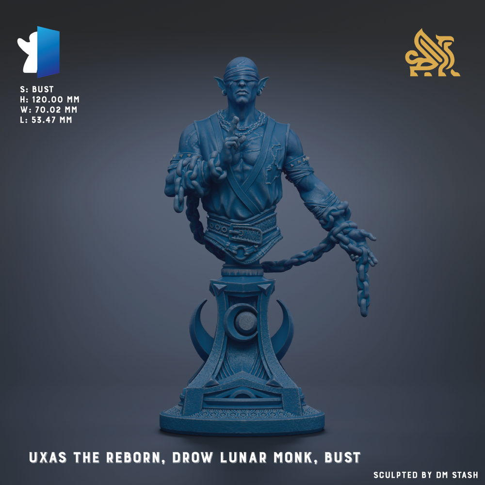 A 3D model of a bust of a character named "UXAS the Reborn", a character from the video game "Drow Lunar Monk, Bust".
