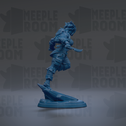A blue, armored figure stands on a platform against a dark background with repeated "MEIPLE ROOM" text.