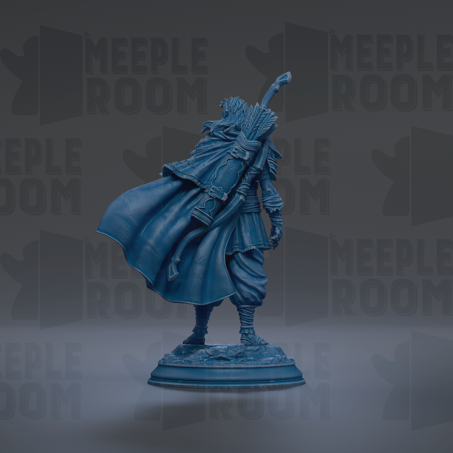 A blue statue of a figure with a flowing cape and a staff, standing on a pedestal against a dark background with repeated text.