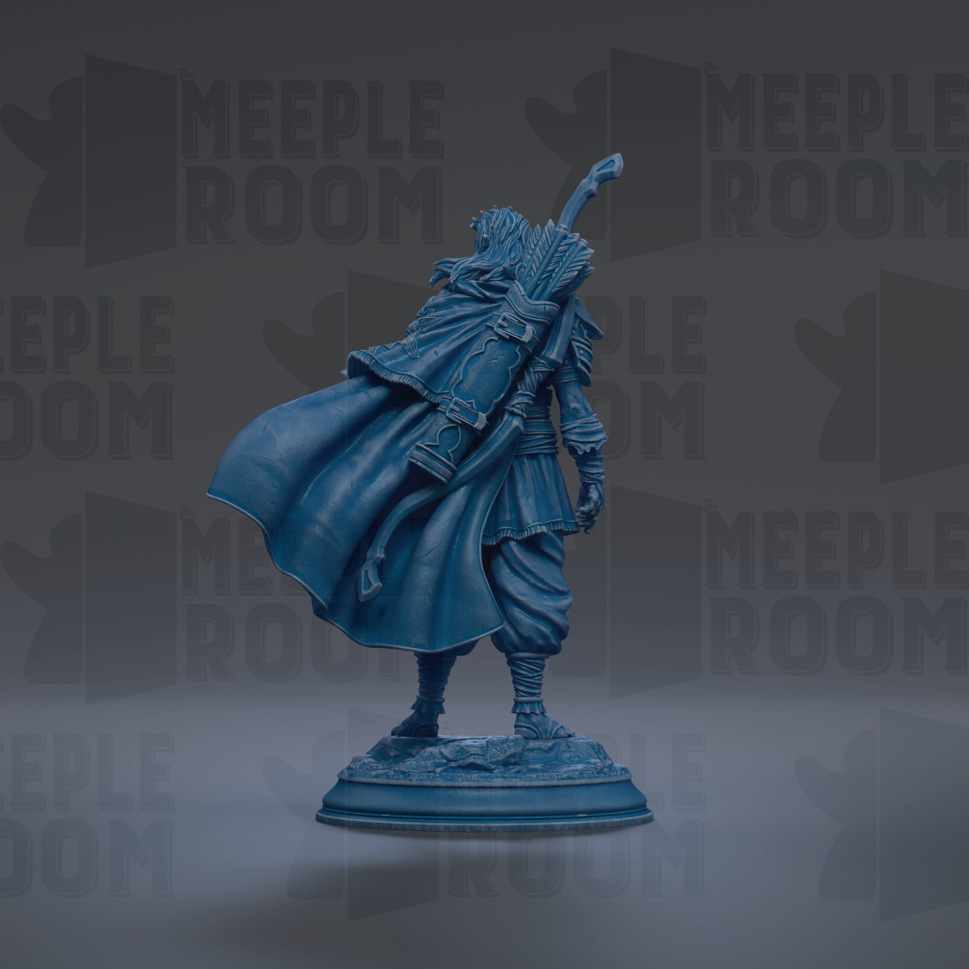 A blue statue of a figure with a flowing cape and a staff, standing on a pedestal against a dark background with repeated text.