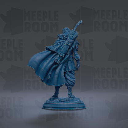 A blue statue of a figure with a flowing cape and a staff, standing on a pedestal against a dark background with repeated text.