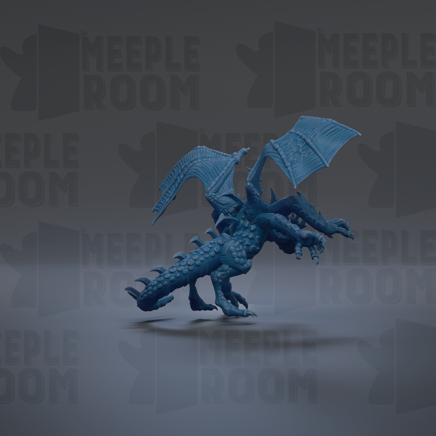 A blue dragon figurine is shown against a dark background with repeated text.