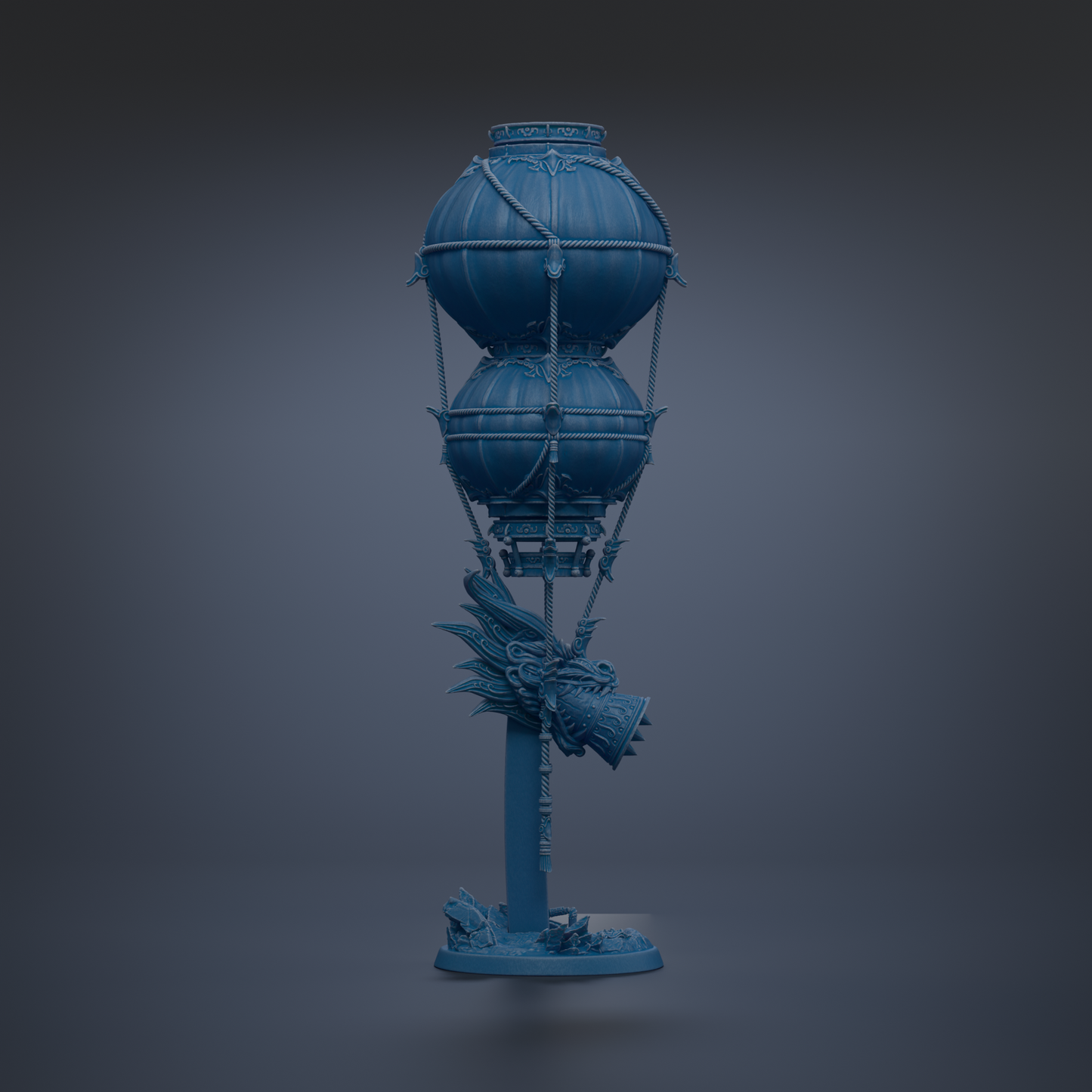A blue, spherical object with a dragon head and wings attached to it, standing on a pedestal.