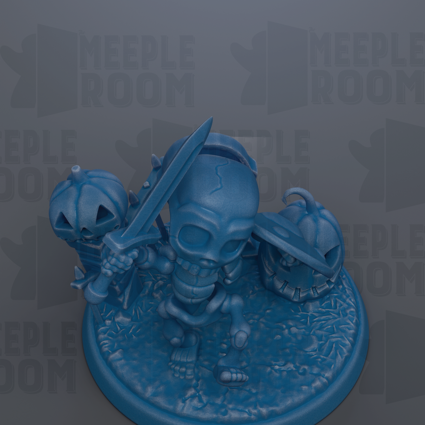 A blue figurine of a skeleton holding a sword and a pumpkin, set against a dark background with repeated text.