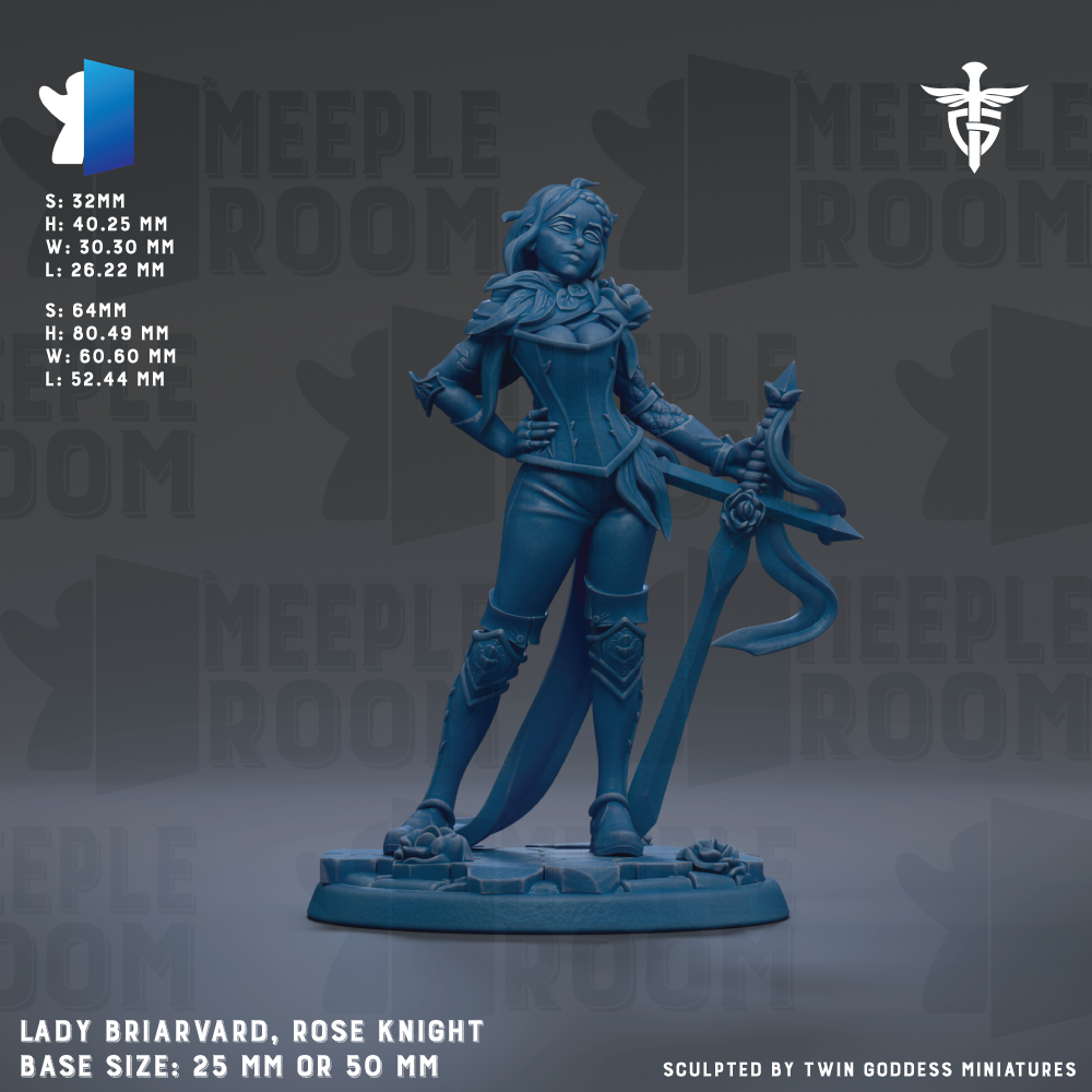 a figurine of a woman, specifically a lady brioard, a knight, with a sword in her hand. The figurine is described as a base size of 25mm or 50mm.