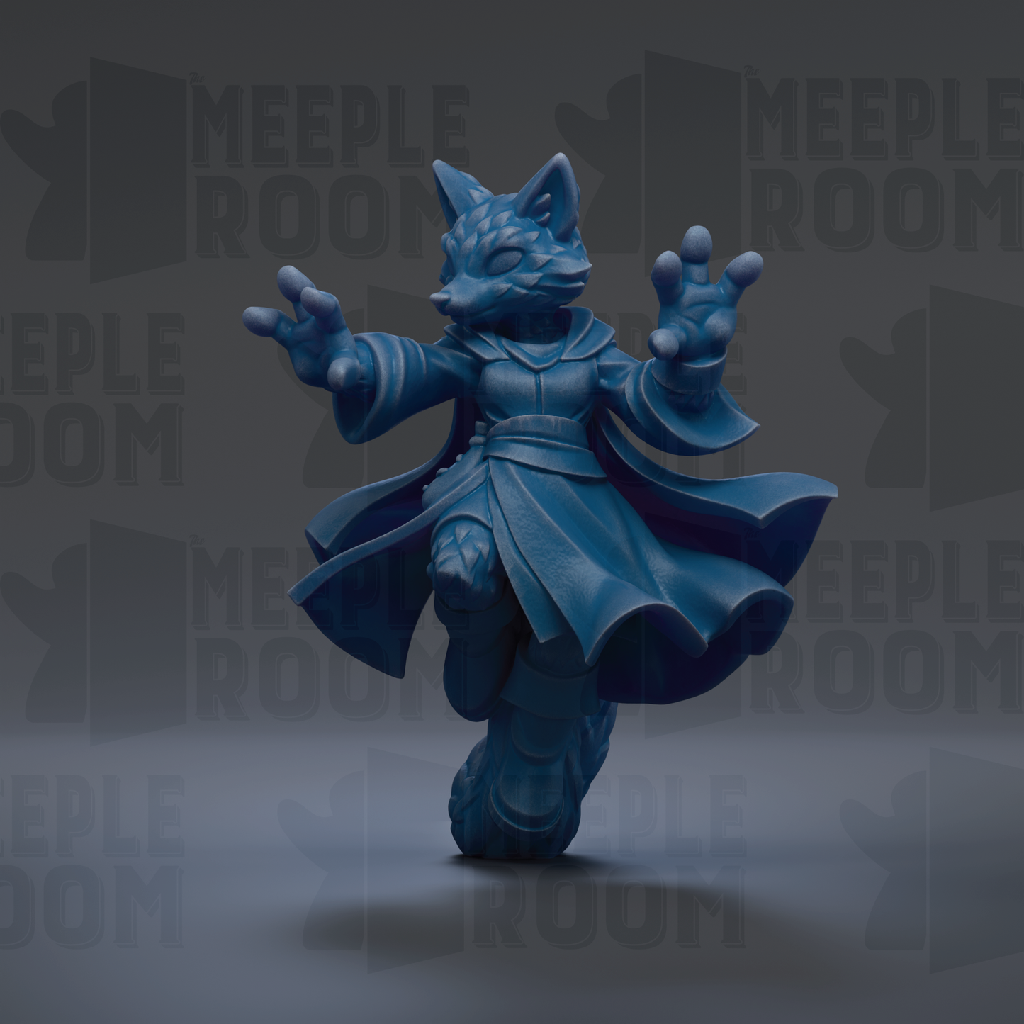 A 3D rendering of a blue fox-like creature with outstretched arms, standing on one leg against a dark background with repeated text.