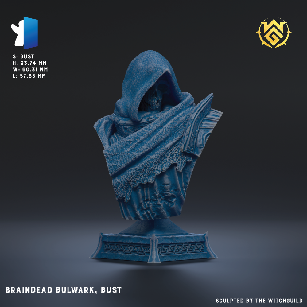 The image is a 3D model of a bust sculpture of a person wearing a hooded cloak, displayed on a pedestal.