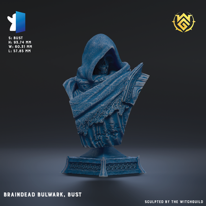 The image is a 3D model of a bust sculpture of a person wearing a hooded cloak, displayed on a pedestal.