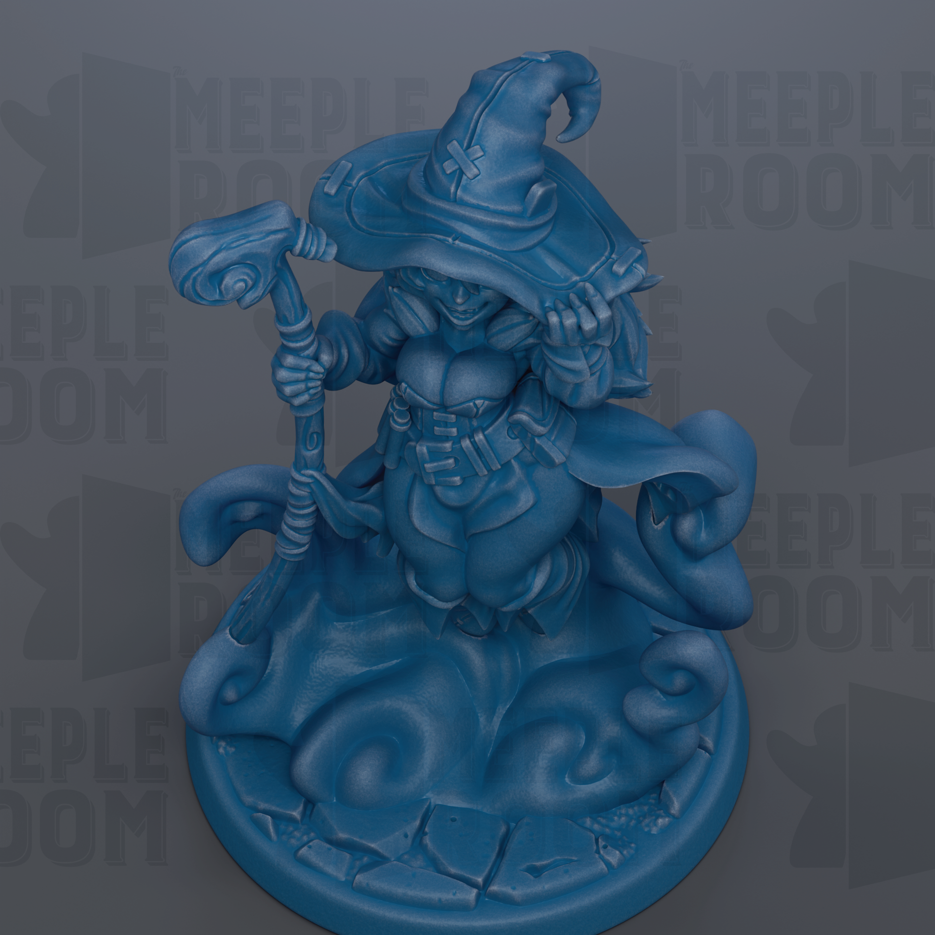 A blue, 3D-rendered fantasy character with a pointed hat and a staff, standing on a platform with a cracked base.