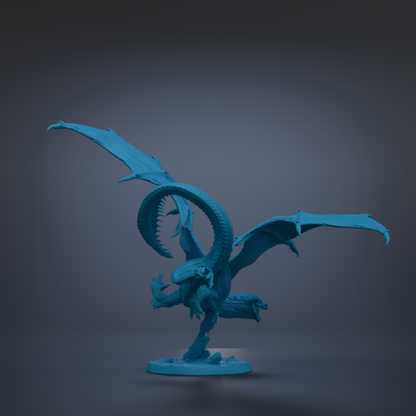 A blue dragon figurine with outstretched wings is depicted against a dark background.
