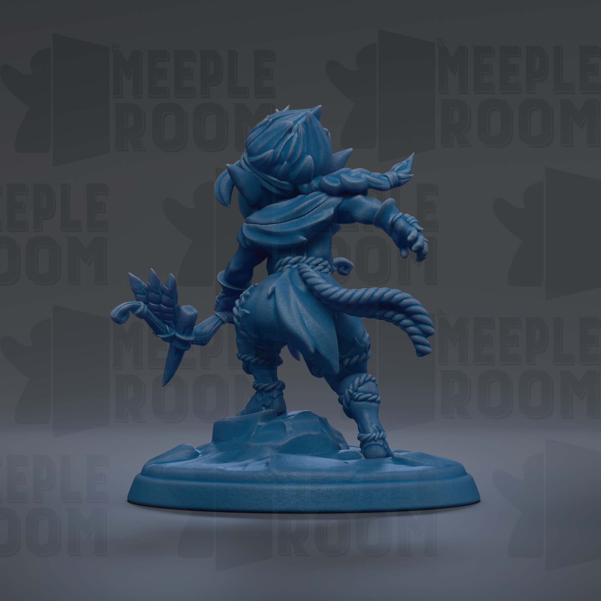 A blue figurine of a character with a sword and shield, standing on a base and facing away from the camera.