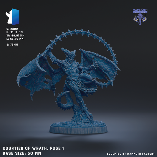 a figurine of a winged, armored creature with sharp teeth, possibly a dragon or serpent, posed in a dynamic fighting stance. The figurine is shown in a detailed, sculpted manner, with a dark background that emphasizes its imposing presence. The figurine is described as "COURTIER OF WRATH, pose 1" and is "BASE SIZE: 50mm". The image is credited to "MAMMOTH FACTORY" and is described as "Sculpted by Mammoth Factory".