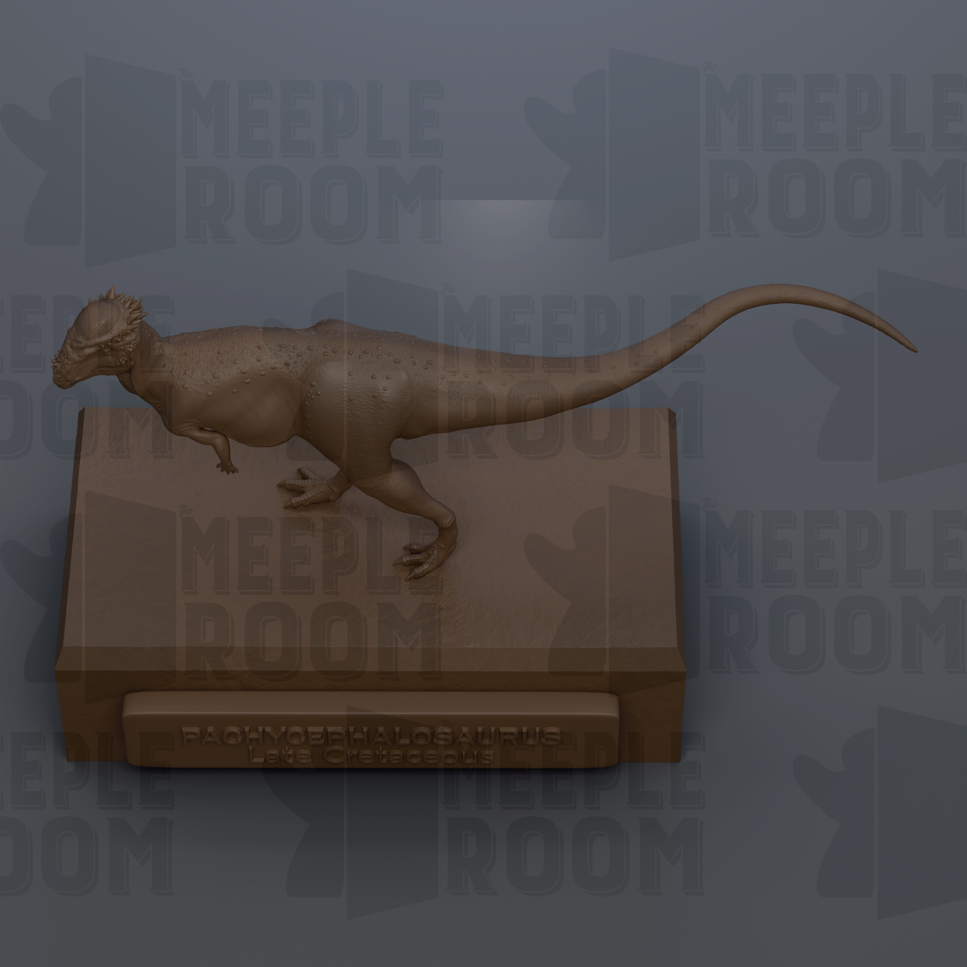 A 3D rendering of a dinosaur statue, specifically a T-Rex, standing on a rectangular base.