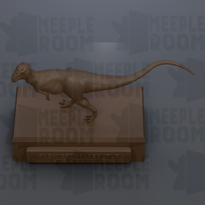 A 3D rendering of a dinosaur statue, specifically a T-Rex, standing on a rectangular base.