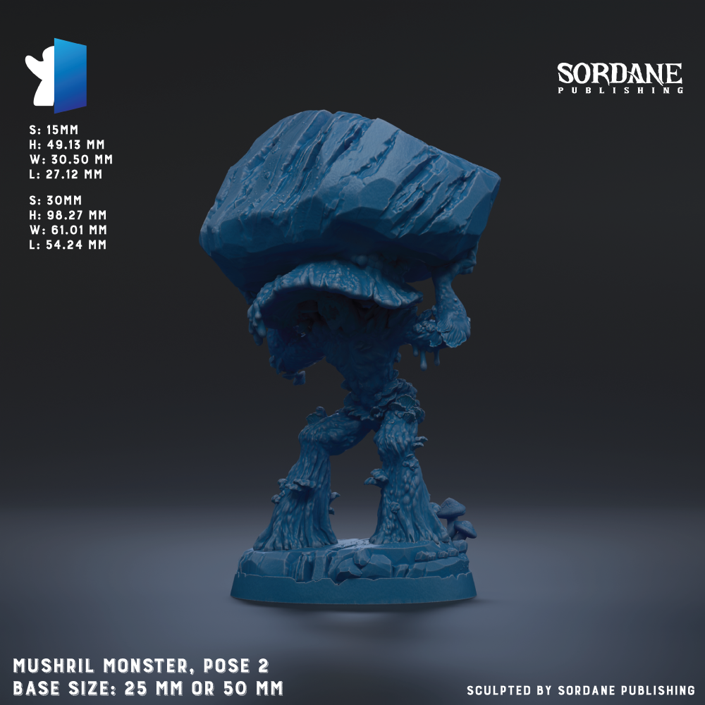 The image is a 3D rendering of a blue mushroom-like creature, possibly a monster or a figurine, with a text overlay providing information about its size and base.